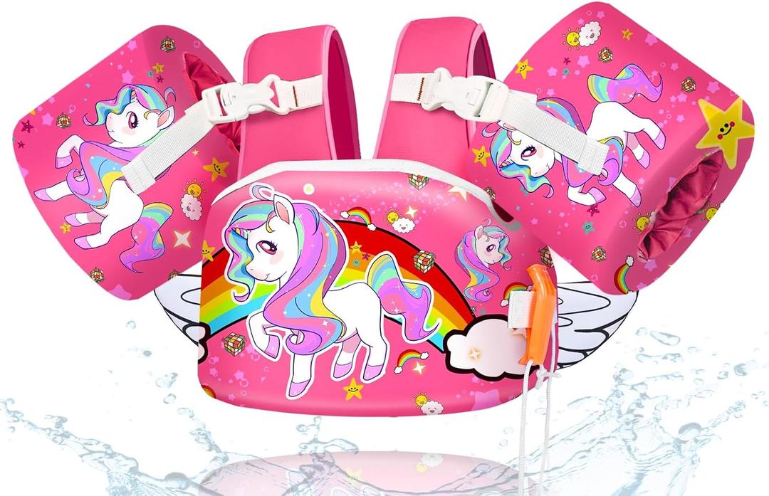 BiutiMama Toddler Floaties, Kids Swim Vest for 22-66 Lbs, Arm Floaties with Adjustable Straps Swim Floats & Arm Band Suitable for Water Sports Pool Swimming Safety for Infant 2,3,4,5,6,7 Years, Unicorn-Pink
