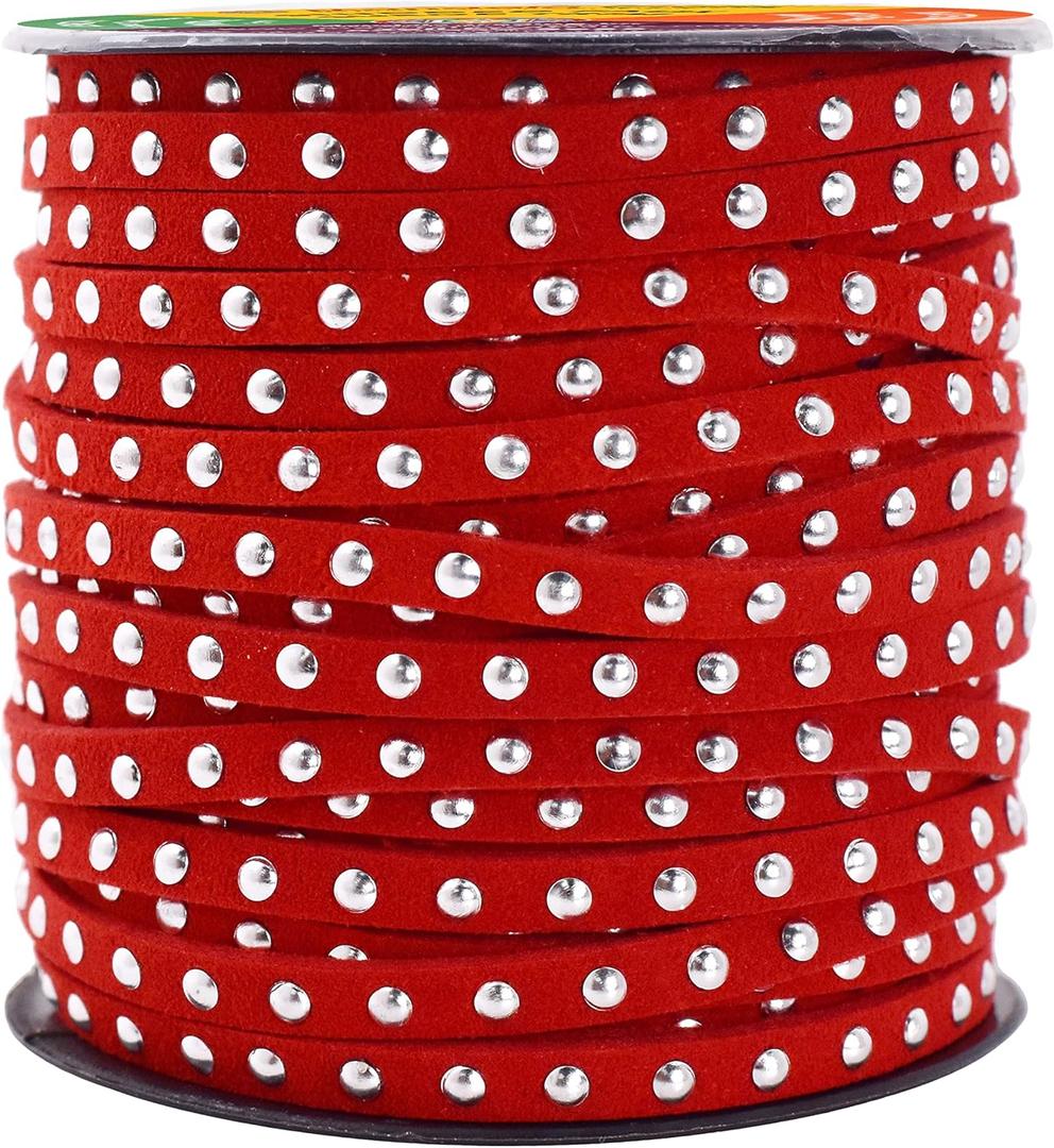 Mandala Crafts 20 Yards Red Studded Faux Suede Cords Leather Trims - Flat Vegan Leather Lace Strips String with Silver Color Rivets for Jewelry Making, Crafts, Bracelets, and Decorations Mandala Crafts 20 Yards Red Studded Faux Suede Cords Leather Trims - Flat Vegan Leather Lace Strips String with Silver Color Rivets for Jewelry Making, Crafts, Bracelets, and Decorations