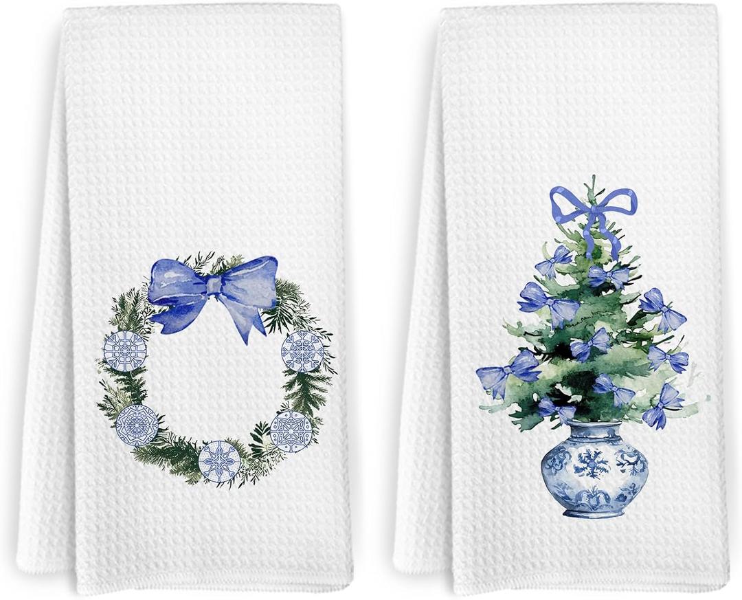 Chinoiserie Christmas Kitchen Towels Set of 2, Coquette Christmas Bathroom Decor, Blue and White Tree Dish Towels, Blue Christmas Wreath Hand Tea Towels for Bathroom Kitchen, 1624 Inch