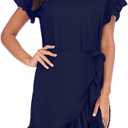 Womens Long Sleeve Round Neck Ruffles Wrap Dresses Party Dress (Blue)