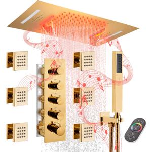 MONDAWE 23-Inch 64-Color LED Music Thermostatic Shower Jet System Set, Ceiling Mount Waterfall Rainfall Luxury Rain Shower Head System with Handheld, Gold