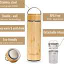 Bamboo Water Bottle Insulated Tea Tumbler for Men Birthday Gift, Women Travel Tea Set with Diffuser for Loose Tea Leaves, Stainless Steel Leak Proof Gift for Mom (15 oz)