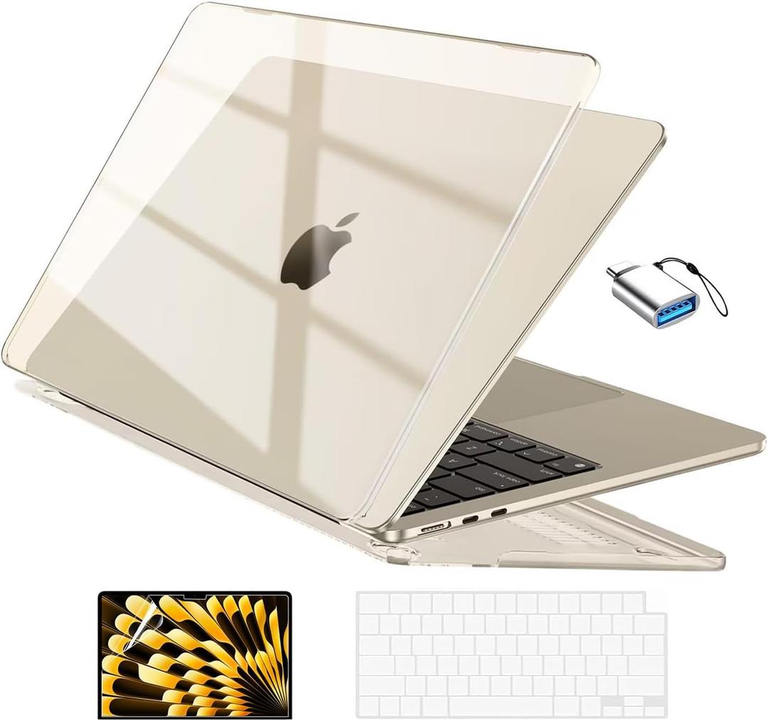 EooCoo Compatible with MacBook Air 13 inch Case M5 2026-2022 M4 M3 M2 Model A3449 A3240 A3113 A2681, Mac Air 13.6 inch Hard Shell & Keyboard Cover & Screen Film & Type-C, Crystal Starlight