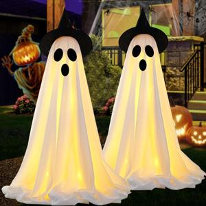 [Timer] 2Packs Halloween Decorations Outdoor, Cute Halloween Decorations Indoor, Spooky Ghost Halloween Decor with Witch Hat, Scary Ghosts Decor with LED Lights for Front Porche Yard Garden Home