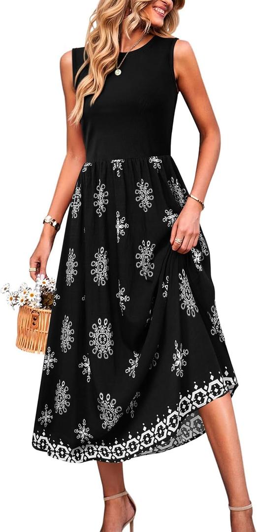 MCKOL Women Sleeveless Crewneck Ruched High Waisted Tank Long Sundress Wedding Guest Cocktail Boho Maxi Dress with Pockets (Medium, Black White Flower)
