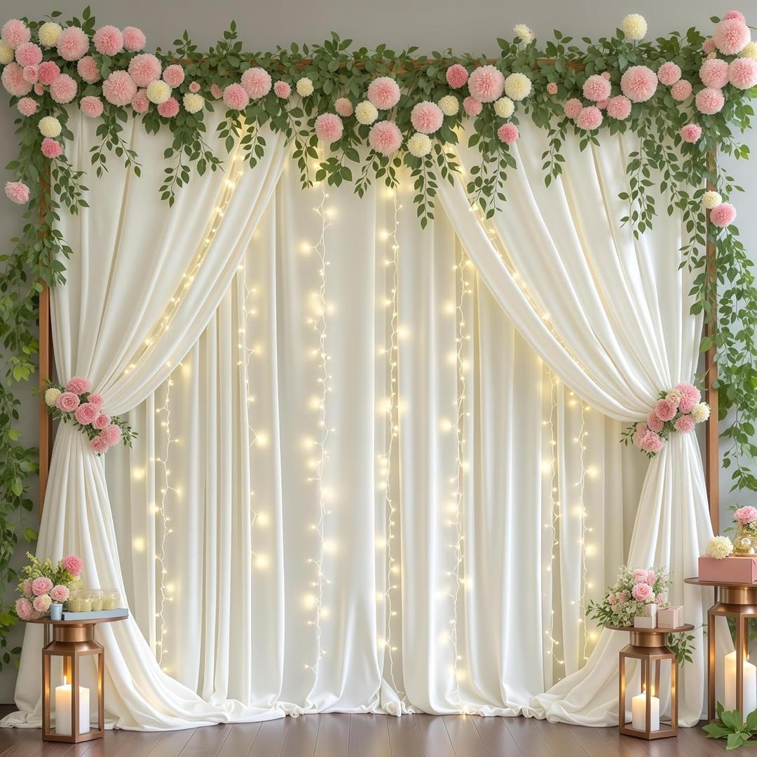 Ivory Backdrop Curtains with Lights for Wedding Parties,10x10FT Wrinkle Free Photo Backdrop Curtains Fabric Drapes for Baby Shower Ceremony Photography Photoshoot Decorations-5ft x 10ft 2 Panels