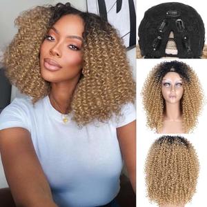 Quantum Love V part Curly Wigs Afro Curly Twist Out African American Wig for Black Women Afro Bomb Kinky Curly Synthetic Glueless Ombre Blonde Wig 16 Inches