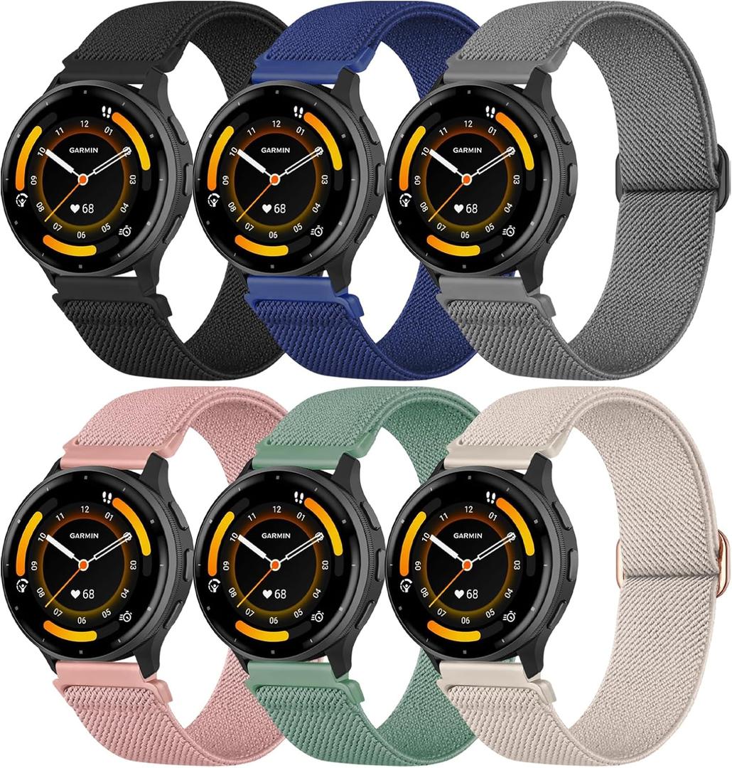 Znyziha 6 Pack Elastic Nylon Watch Bands Compatible with Garmin Venu 2/Venu 3/Vivoactive 4,22mm Soft Stretchy Sport Watch Strap for Garmin Forerunner 255/265/745/955/965 Women Men