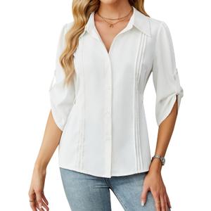 Blooming Jelly Womens Button Down Shirt 3/4 Sleeve Collared Pleated Business Casual Tops Ladies Trendy Summer Work Blouse