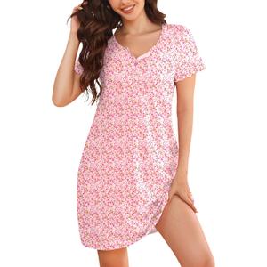 Nightgowns for Women Short Sleeve Button down Sleep Shirts Henley Sleepwear Soft Sleep Dress with Pockets (Pink, M)