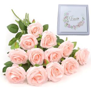 Artificial Rose Flower Blush Flowers Pink Roses Silk Flowers 12 pcs with Long Stem Silk Roses Bouquet for Wedding Bridal Shower Party Home Decoration