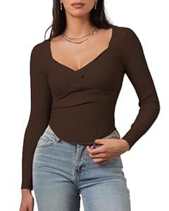 CHYRII Womens Sexy Fall Fashion Twisted Tops Ribbed Knit Winter Pullover Sweater Going Out Crop Tops Coffee M