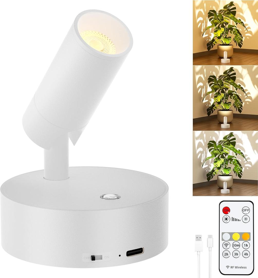 Rechargeable LED Spotlight Indoor: Wireless Battery Operated Spotlight with Remote Control Small Picture Spot Light Accent Up lighting for Plant Artwork White