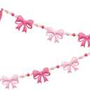 Pink Bow Decorations Pre-Strung Felt Handmade Bow Banner Wool Felt Ball Wooden Bead Bow Garland Streamer for Nursery Classroom Home Mantle Fireplace Decor Baby Shower Coquette Birthday Party Supplies