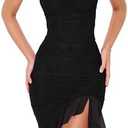 BORIFLORS Women's Sexy Ruched Bodycon Midi Dresses Square Neck Sleeveless Ruffle Hem Club Party Tank Dress Black XS