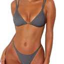 Women's Sexy Thong Bottom Two Piece Bikini Double Shoulder Straps Cute Swimsuit Triangle Bathing Suit Shiny Gray XL
