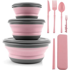 Collapsible Bowl, 3 Pcs Food Grade Silicone Camping Bowl, Expandable Salad Bowl Lunch Box with Lid & Tableware for Travel and Picnic (Pink)