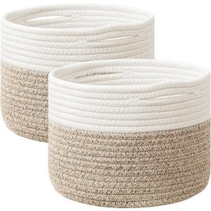 UBBCARE 2 Pack Small Basket for Organizing, Round Woven Basket With Handles, Small Storage Basket for decor, Beige & Brown Cotton Rope Basket (9.5" x 9.5" x 7.1")