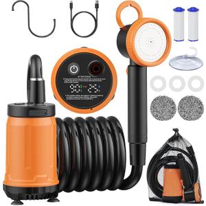 Novast Portable Shower for Camping, 8000mAh Rechargeable Outdoor Shower Pump with Filtered Showerhead, IPX8 Waterproof, LED Display, for Hiking, RV, Car Washing, Pet Bath & Plants