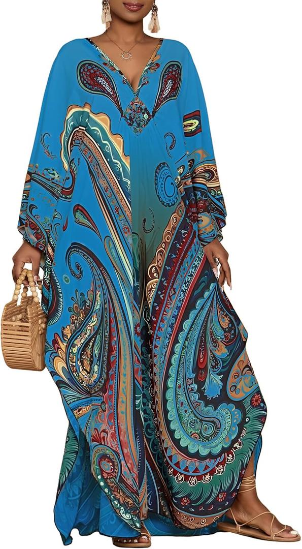 Bsubseach Kaftan Dresses for Women Ethnic Print Plus Size Beach Cover Ups Batwing Sleeve Caftans with Pockets (Blue)