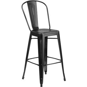 Flash Furniture Commercial Grade 30" High Distressed Black Metal Indoor-Outdoor Barstool with Back, Set of 1