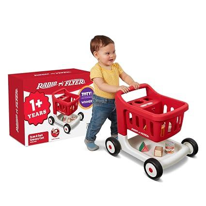 Radio Flyer Scan & Sort Shopping Cart, Red, for Kids 1+, Interactive Baby Walker with Lights & Adjustable Sound, Includes 6 Play Food Items, Adjustable Height Baby Push Walker, for Indoor Play, Missing 3 Wheels