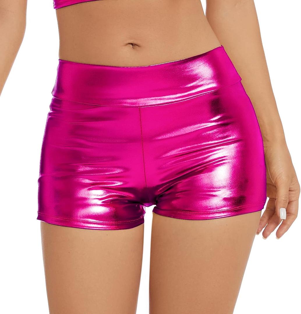 Women's Metallic Rave Booty Shorts Shiny High Waisted Bottoms for Dance Festival (Large, Hot Pink)