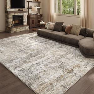 9x12 Grey Beige Washable Area Rug for Living Room, Vintage Print