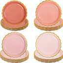 AimFun 48 Pcs Dusty Pink Scalloped Party Plates Valentines Day Gold Foil Border Paper Plates Disposable 9 Inch Gradient Serving Plates for Birthday Wedding Bridal Baby Shower Party Supplies