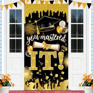 Masters Graduation Banner Class of 2026 Backdrop Sign Mastered It Congrats Grad Decor Black Gold Graduation Decorations for Home Party