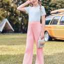 Haloumoning Girls Solid Rib Knit Wide Leg Pants Elastic Waist Flowy Casual Sweater Pants 5-14 Years (S)