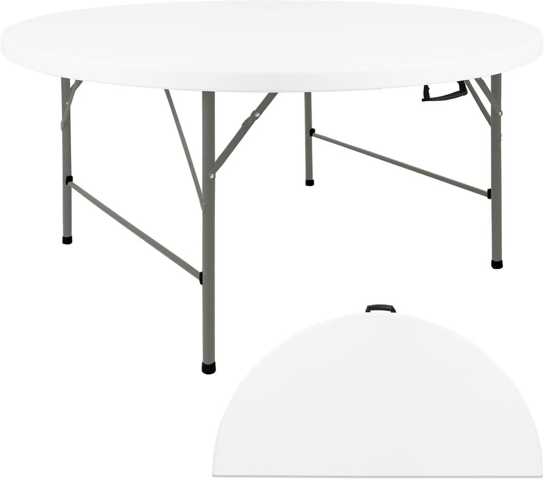 HAISIWLKJ 5FT Round Folding Table White Fold-in-Half with Carrying Handle Portable Plastic Table for Outdoor or Indoor Dining,Wedding, Camping,Party Table