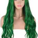 AMZCOS Long Wavy Green Wig with Bangs | Heat Resistant Synthetic Hair Wigs for Women Halloween Costume Cosplay Party