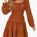 Women’s Square Neck Long Sleeve Dress Tiered Ruffle A-Line Flowy Mini Dresses with Pockets (S, Brown)