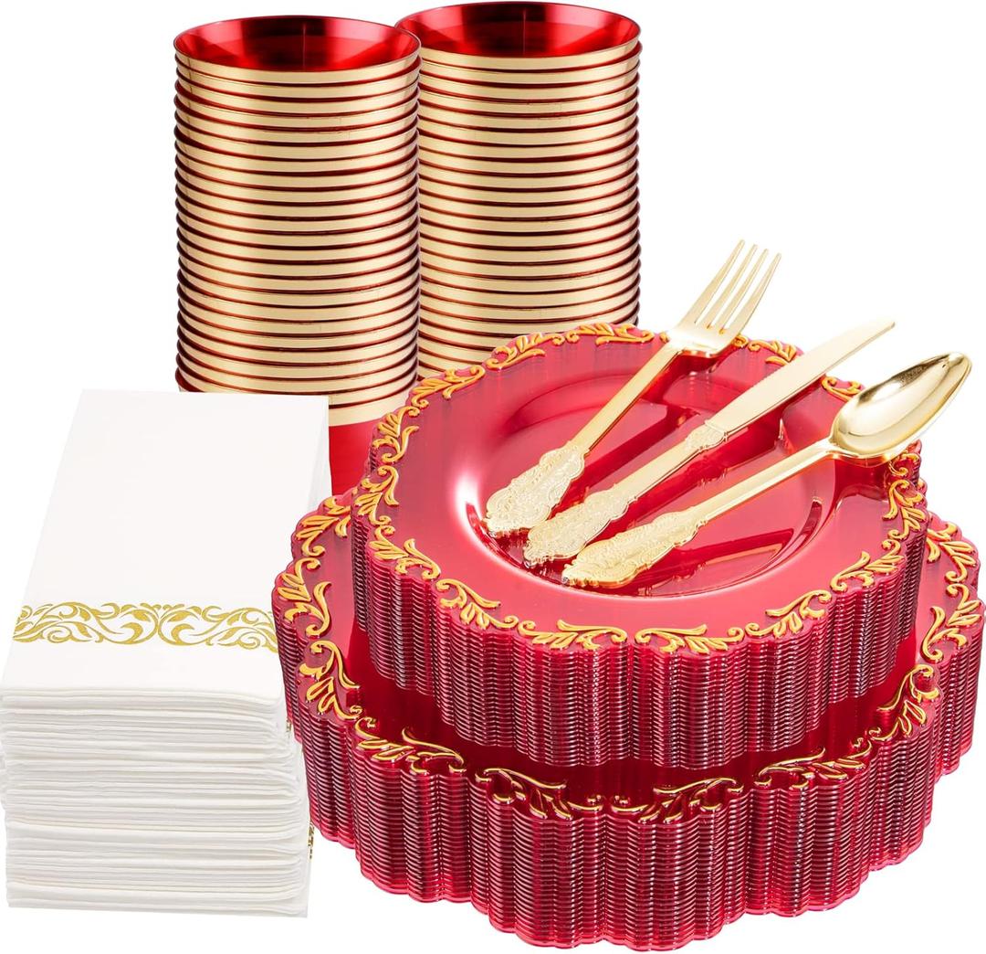 PULOTE 175PCS Clear Red Plastic Plates with Gold Rim & Gold Plastic Silverware Include 25 Dinner Plates,25 Dessert Plates,25 Knives,25 Forks,25 Spoons,25 Cups,25 Napkins for Party&Christmas