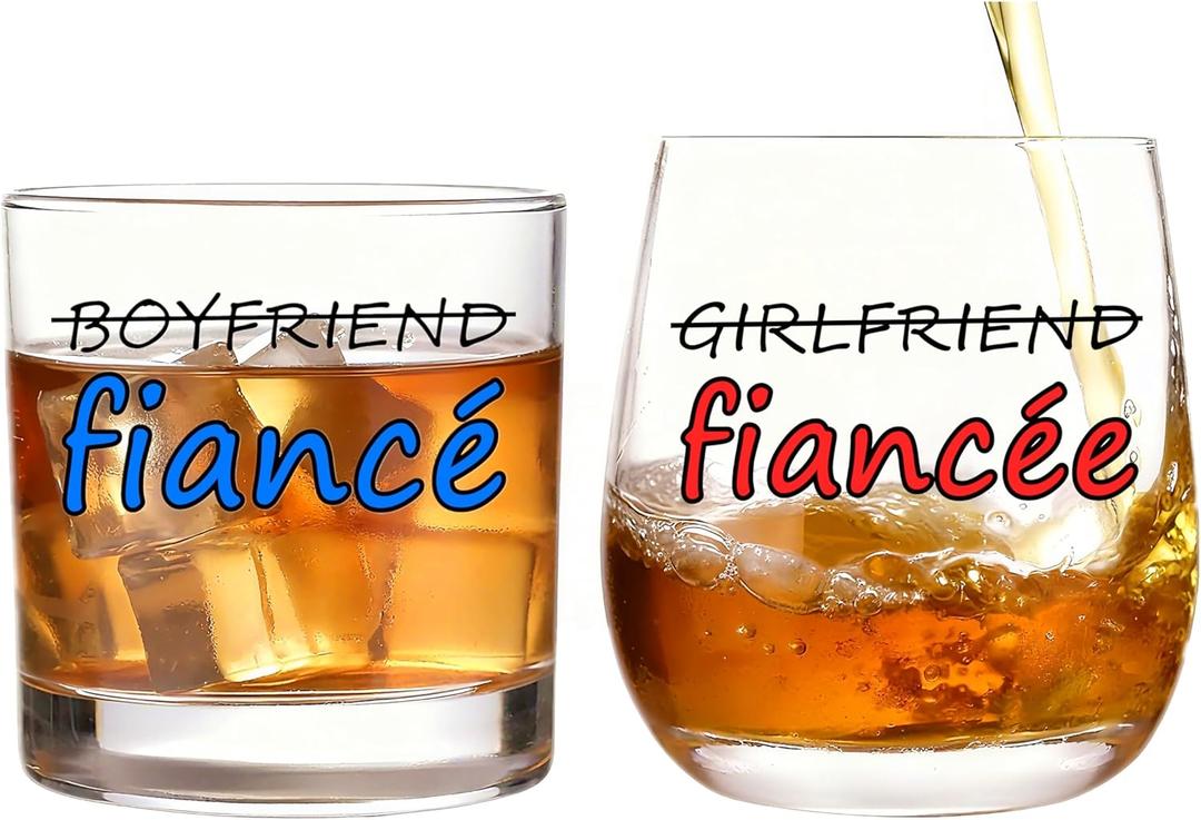 2PCS Boyfriend and Girlfriend 12 oz Wine Whiskey Glass Gift Set - Engagement Gifts for Couples Fiance Fiancee Him Her His Hers Glasses Mr Mrs Bride Groom