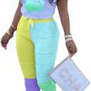 Casual 2 Piece Outfit Sets for Women Color Block Short Sleeve T-Shirts + Stacked Flare Pants Tracksuit Sweatsuit (X-Large)