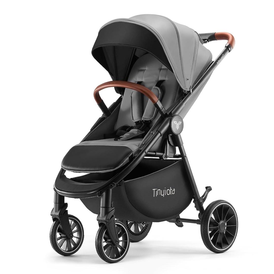 Tinyiota Stroller for Babies,Toddler Strollers with Large UPF 50+ Canopy,Luxury Baby Stroller with Leather Handle & Spacious Seat, One-Hand Foldable Pushchair,Baby Carriage with Lie-Flat Mode(Gray)