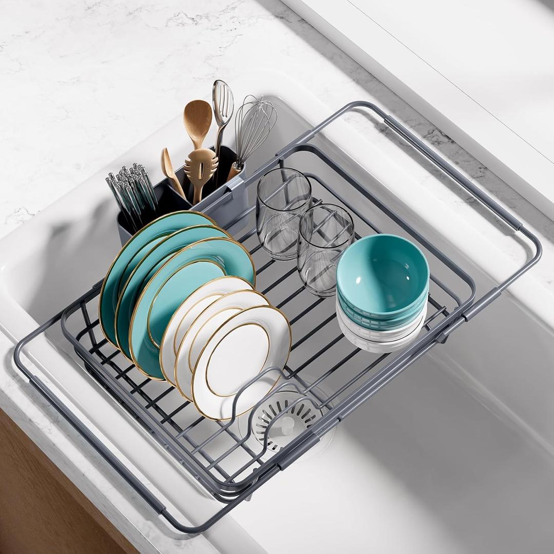 Sakugi Extendable Dish Drying Rack Over Sink with Dish Drainer, Sink Organization and Storage Essentials with Silverware & Utensil Holder, Home and Apartment Decor, 12" W x 16.1~23" L, Silver