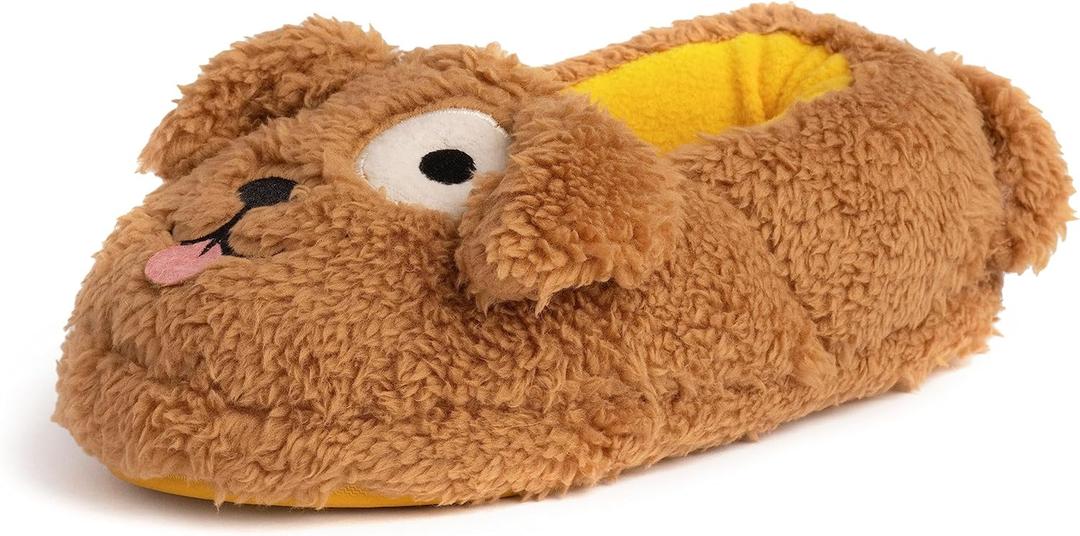 Dearfoams Kids' Kids' Toddlers Whimsical Animal Critter Washable Slipper (2-3 Big Kid, Brown Dog)