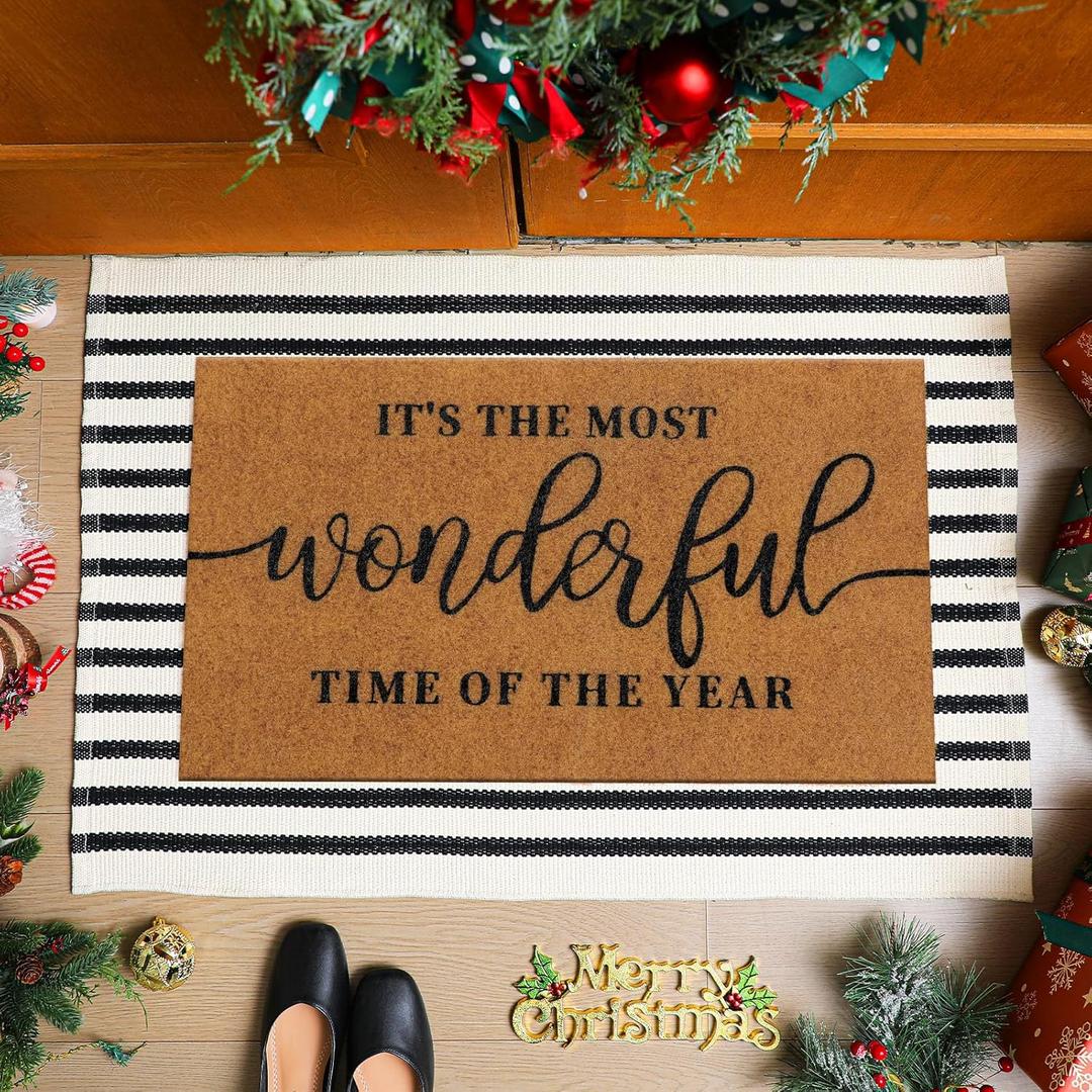 2 Pcs Christmas Coir Welcome Doormat Christmas Rug Outdoor Layered Buffalo Plaid Black and White Mat Stripe Mat for Xmas Front Porch Entryway Outdoor