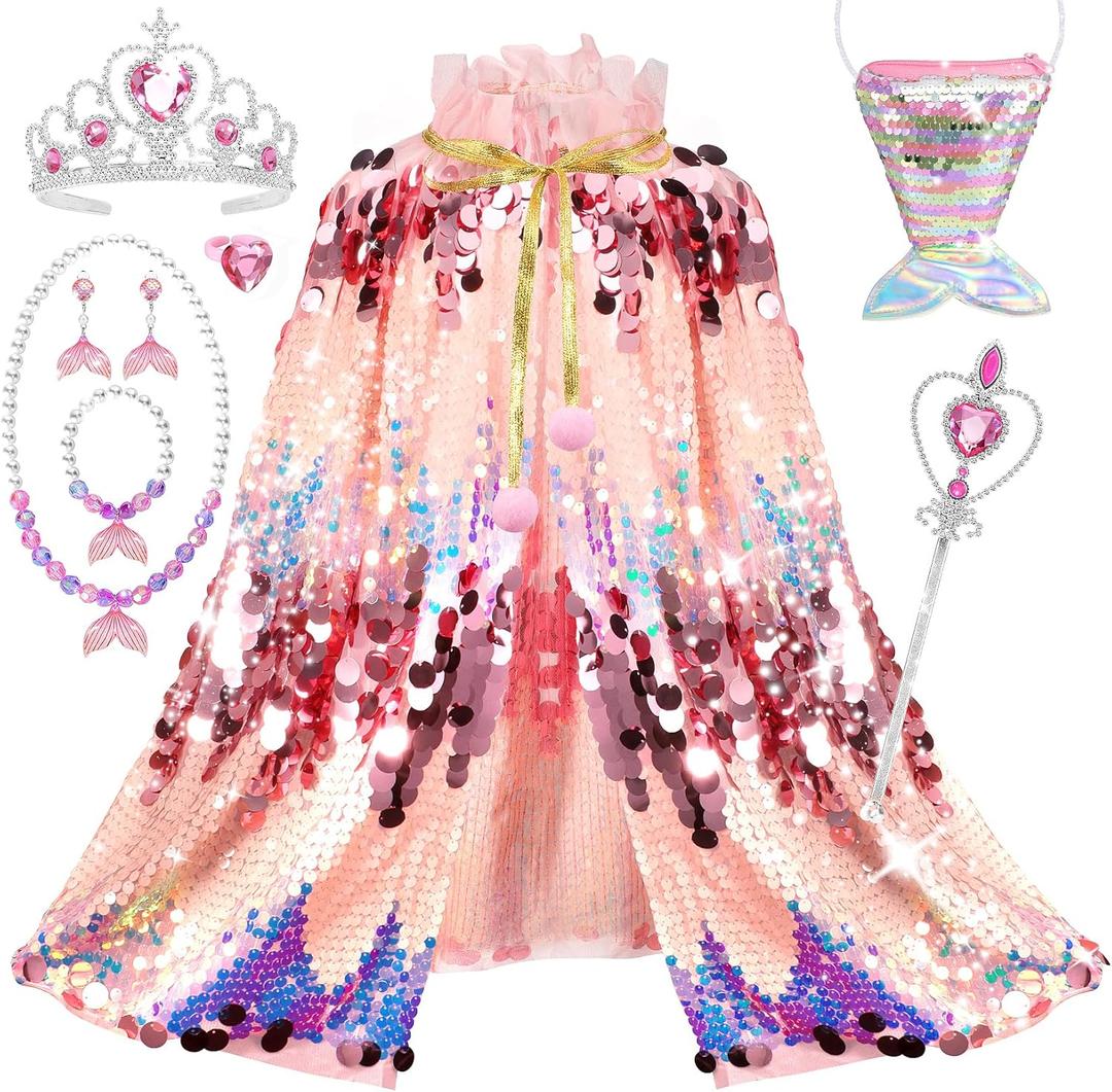 Princess Dress Up Toys Mermaid Dress Up Cape Kit 9 Pcs Gift Set for Little Girls 3-8 Years Old (Pink)