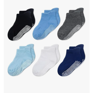 CozyWay Socks for 1-Year-Old Boys & Girls Non-Slip Gripper Ankle Socks - 1T-3T 6-Pack Blue White Black - Toddler Soft Cotton Stay-Put Elastic Easy-On Heel Tabs