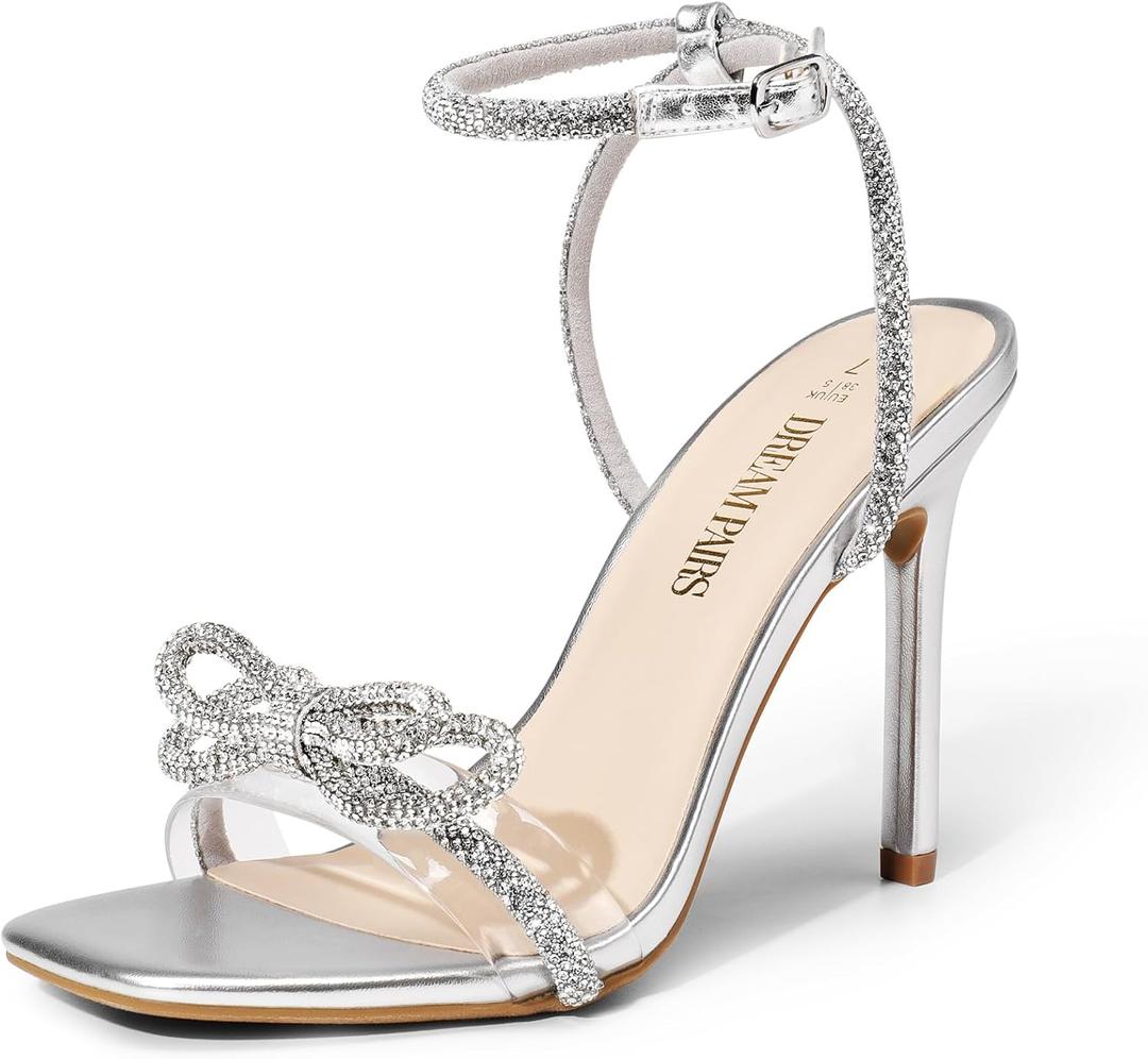 DREAM PAIRS Women's Double Bowknots Crystal Sandals Clear Slingback Heels Square Toe Shoes for Party Wedding, 9