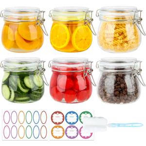 HINGWAH 16 oz Glass Jars with Airtight Lids, 6 Pack Wide Mouth Mason Jars with Clamp Lids for Kitchen Canisters, Food Storage Containers for Pickling, Coffee, Spices, Sugar, Herbs