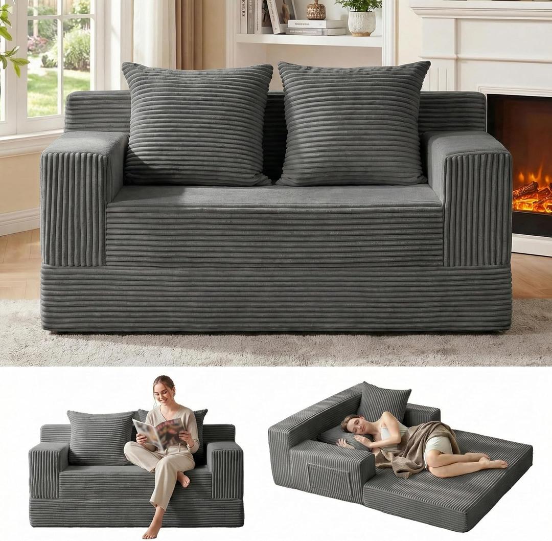 Erament Convertible Sofa Bed, Loveseat Folding Floor Futon Sleeper Sofa Couch Bed- Boneless Foldable Couch, Corduroy Pull Out Sofa Bed with 2 Pillows for Living Room & Bedroom