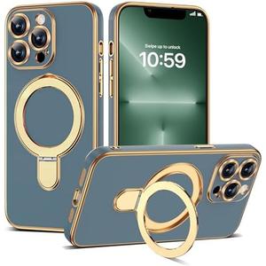 ETPESOK Compatible with iPhone 13 Pro Case with Magnetic Ring Stand [Compatible with Mag-Safe] [Full Camera Lens Protector] Soft Plating Phone Case for iPhone 13 Pro 6.1", Grey Blue