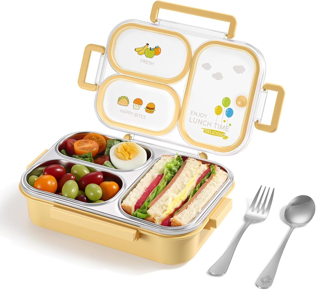 NUKied Stainless Steel Lunch Box for Kids & Adults, 3-Compartment Leak Proof Metal Bento Lunch Box with Fork & Spoon, 26.4 oz Airtight Food Storage Snack Container for School, Work, Travel (Yellow)