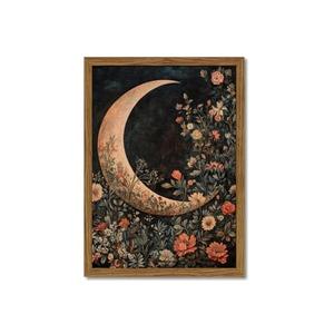 Moody Moon Floral Wall Art Dark Academia Goth Moon Wall Decor Painting Vintage Flower Celestial Artwork 3D Texture Sandstone for Bedroom Living Room 16x24 inch Wood Framed