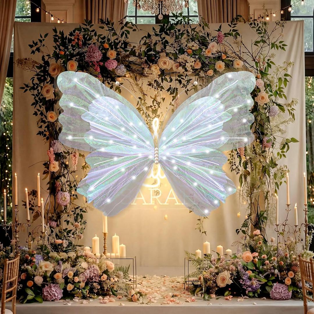 47 Inch Giant Butterfly Party Decoration Mariposas Grandes Para Backdrop Decor Large 3D Silk Light up LED Butterfly Backdrop for Spring Wedding Baby Shower Birthday Fairy Garden Party Outdoor(White)